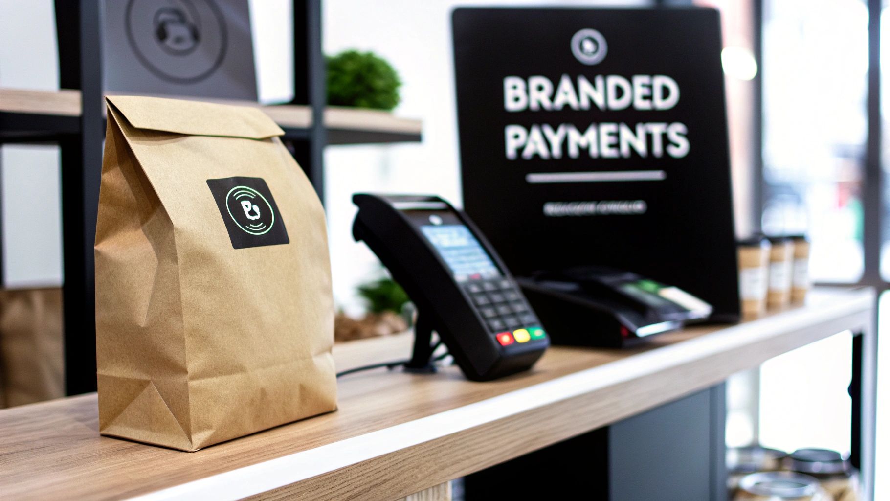 A brown paper bag with a 'Ps' logo next to a payment terminal and 'Branded Payments' sign.