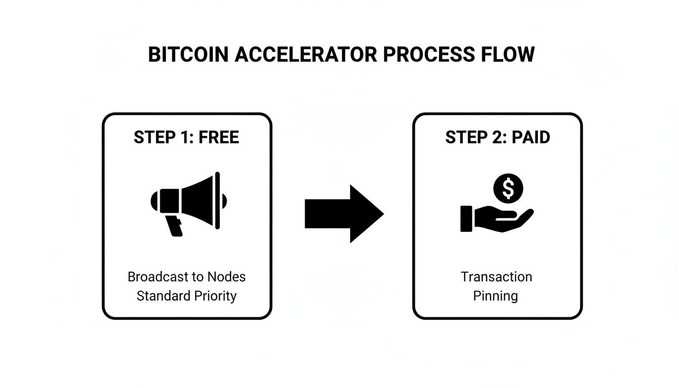 A process flow diagram illustrating Bitcoin transaction acceleration, moving from free broadcast to paid pinning.