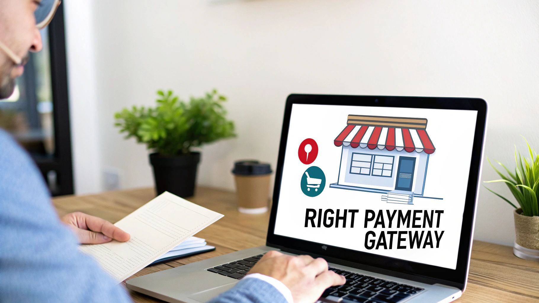 Man working on a laptop displaying a store icon and “RIGHT PAYMENT GATEWAY” for e-commerce solutions.