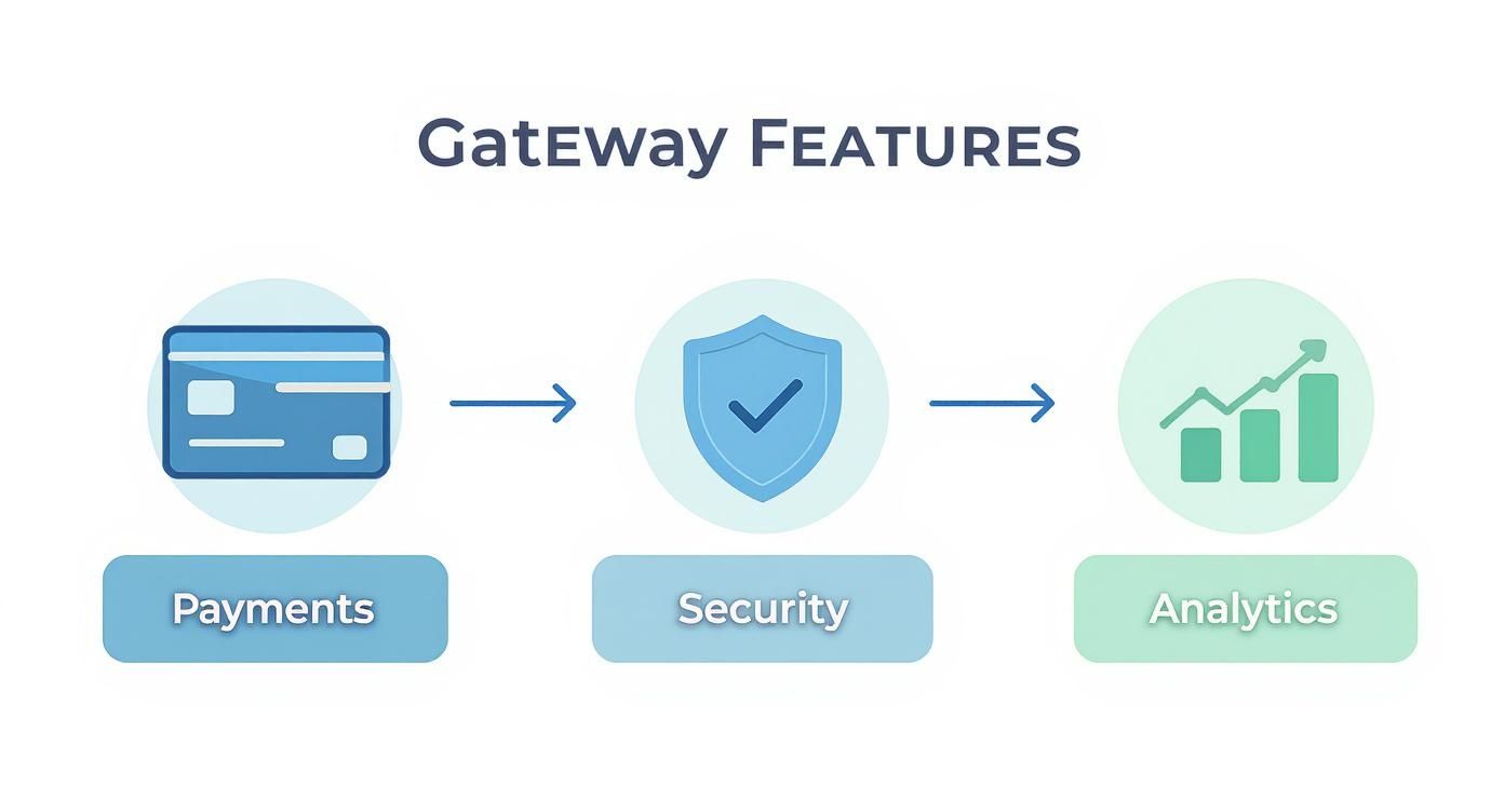 Diagram illustrating gateway features: payments with a credit card, security with a shield, and analytics with a chart.