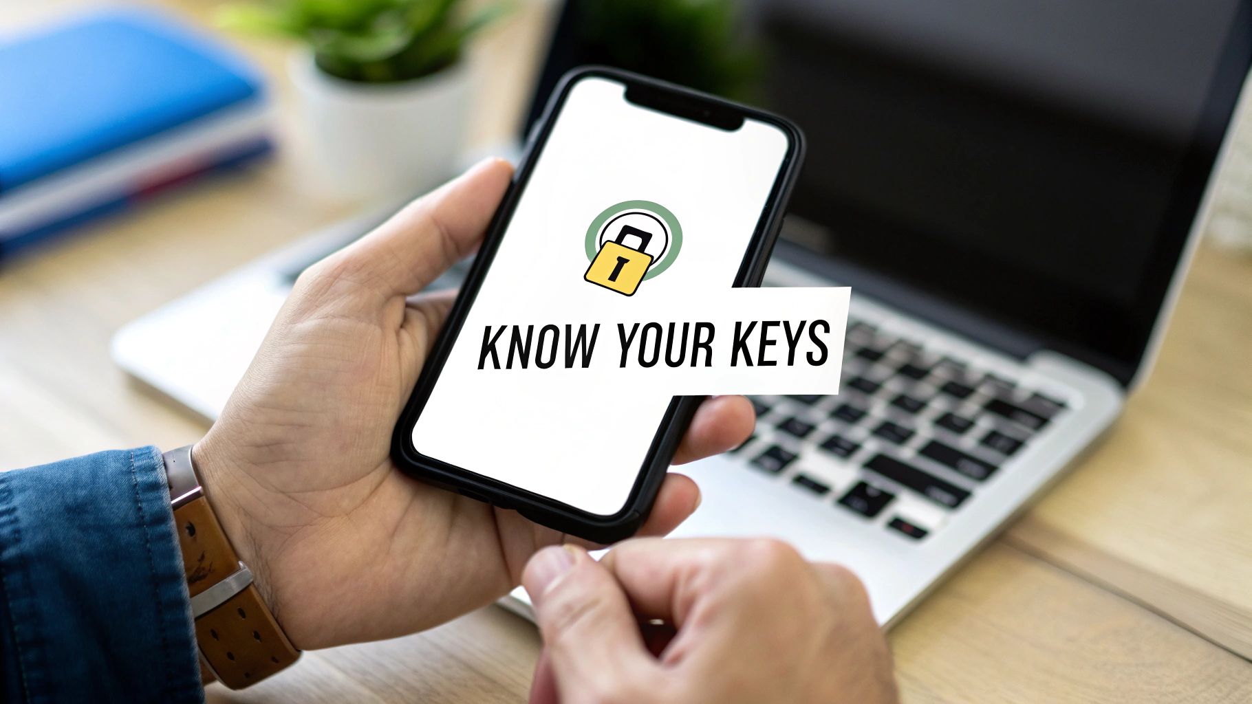 Person holding smartphone displaying know your keys message with lock icon for cryptocurrency wallet security