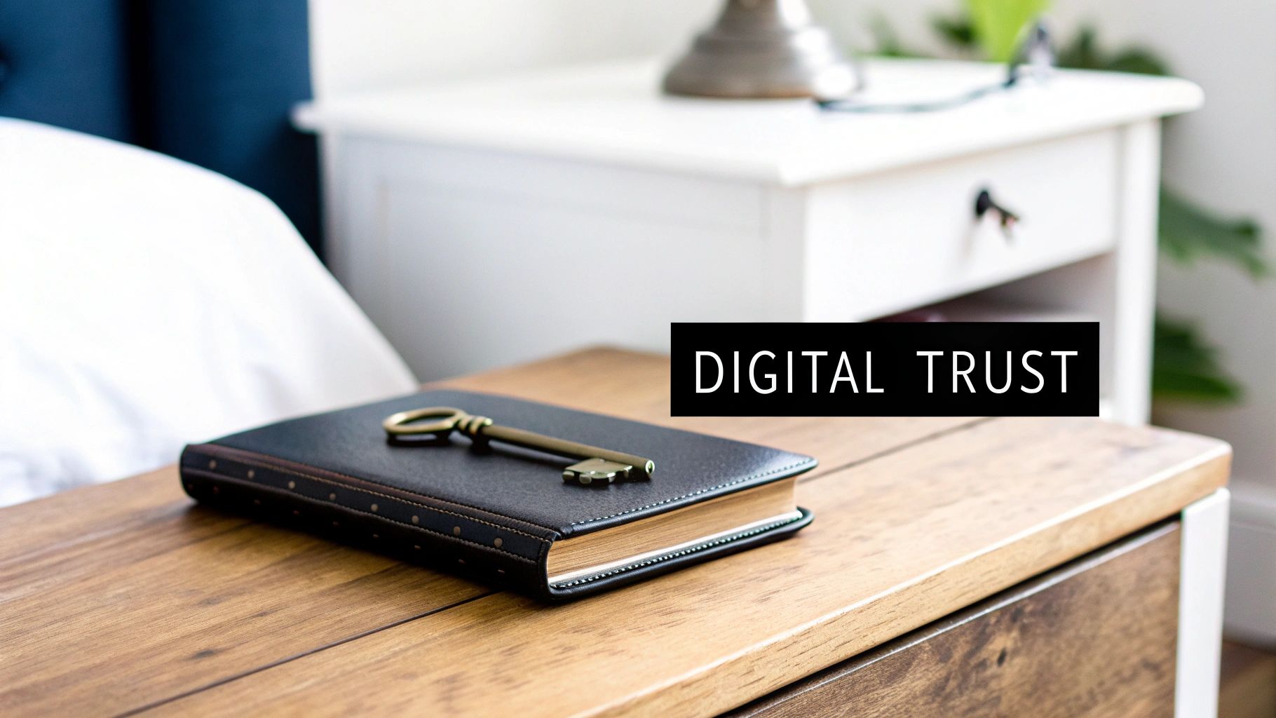 A vintage key rests on a black book with "DIGITAL TRUST" text, symbolizing security and encryption.