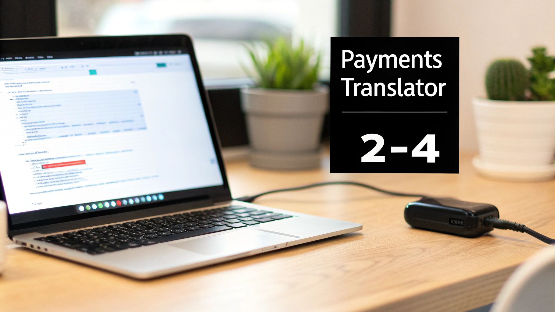 A laptop displaying data and a payment terminal on a wooden desk, with 'Payments Translator' text.
