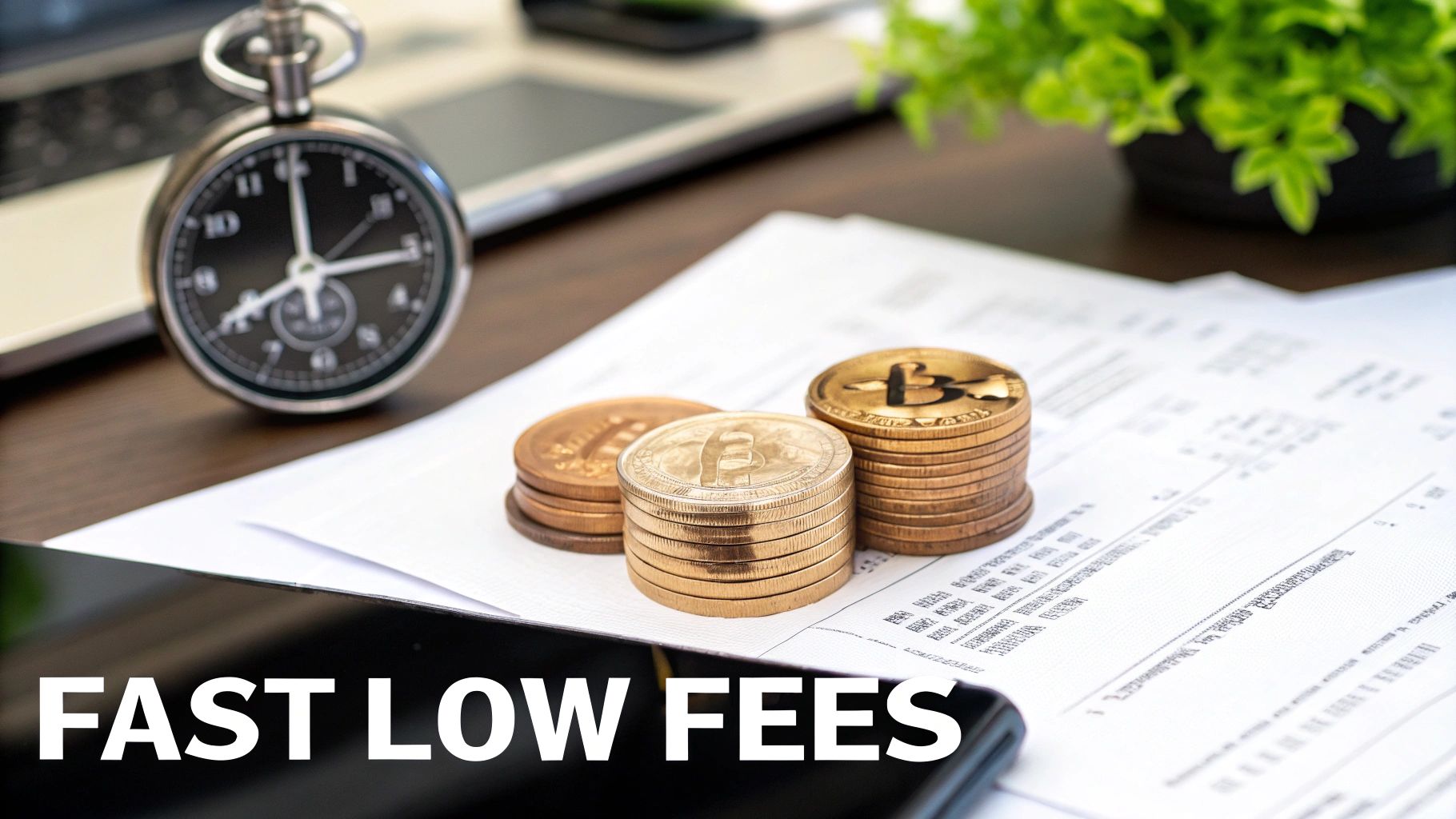 Staked cryptocurrency coins, a pocket watch, and financial documents on a desk with 'FAST LOW FEES'.