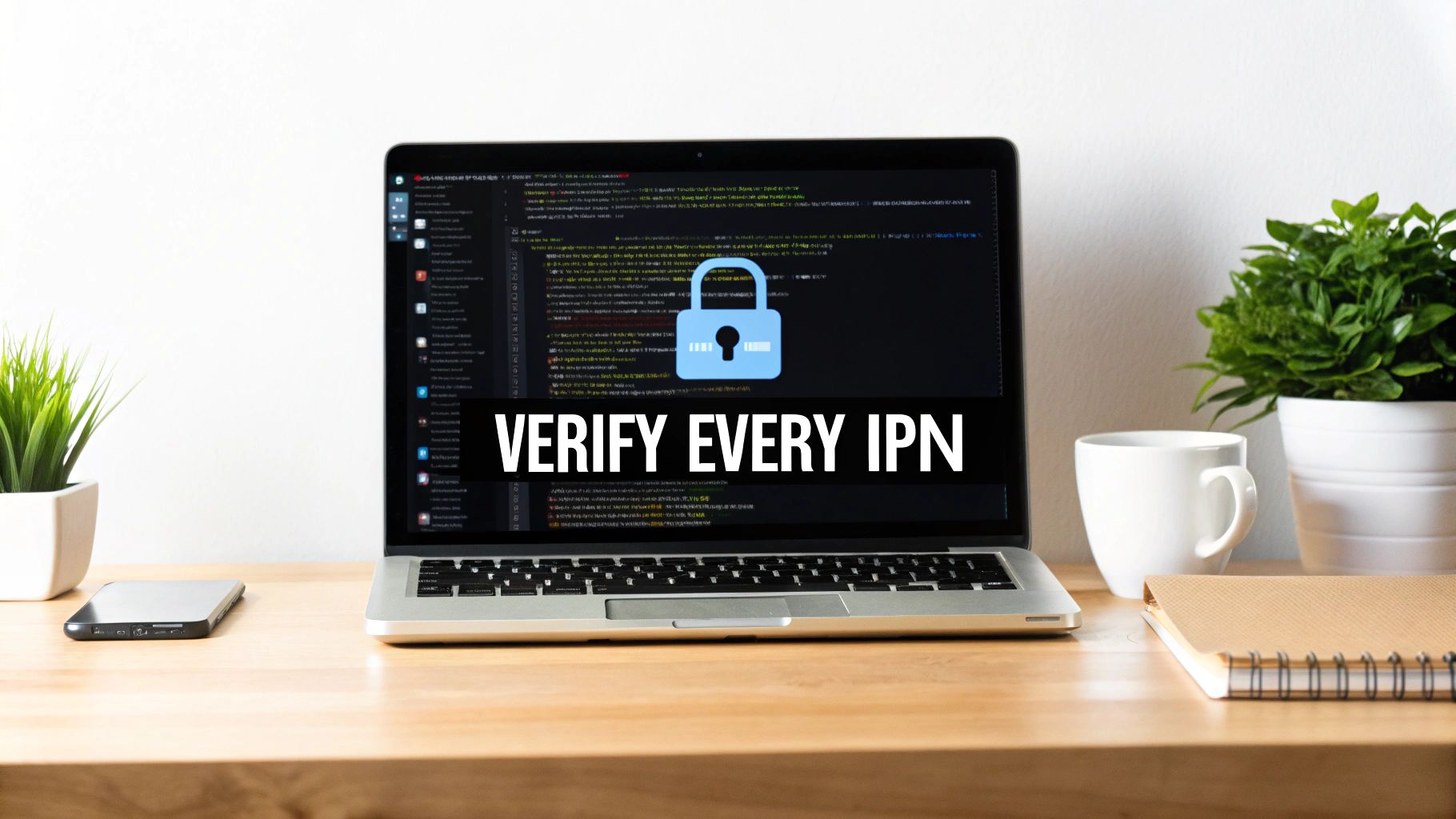 Laptop displaying code editor with blue padlock icon and verify every IPN security message