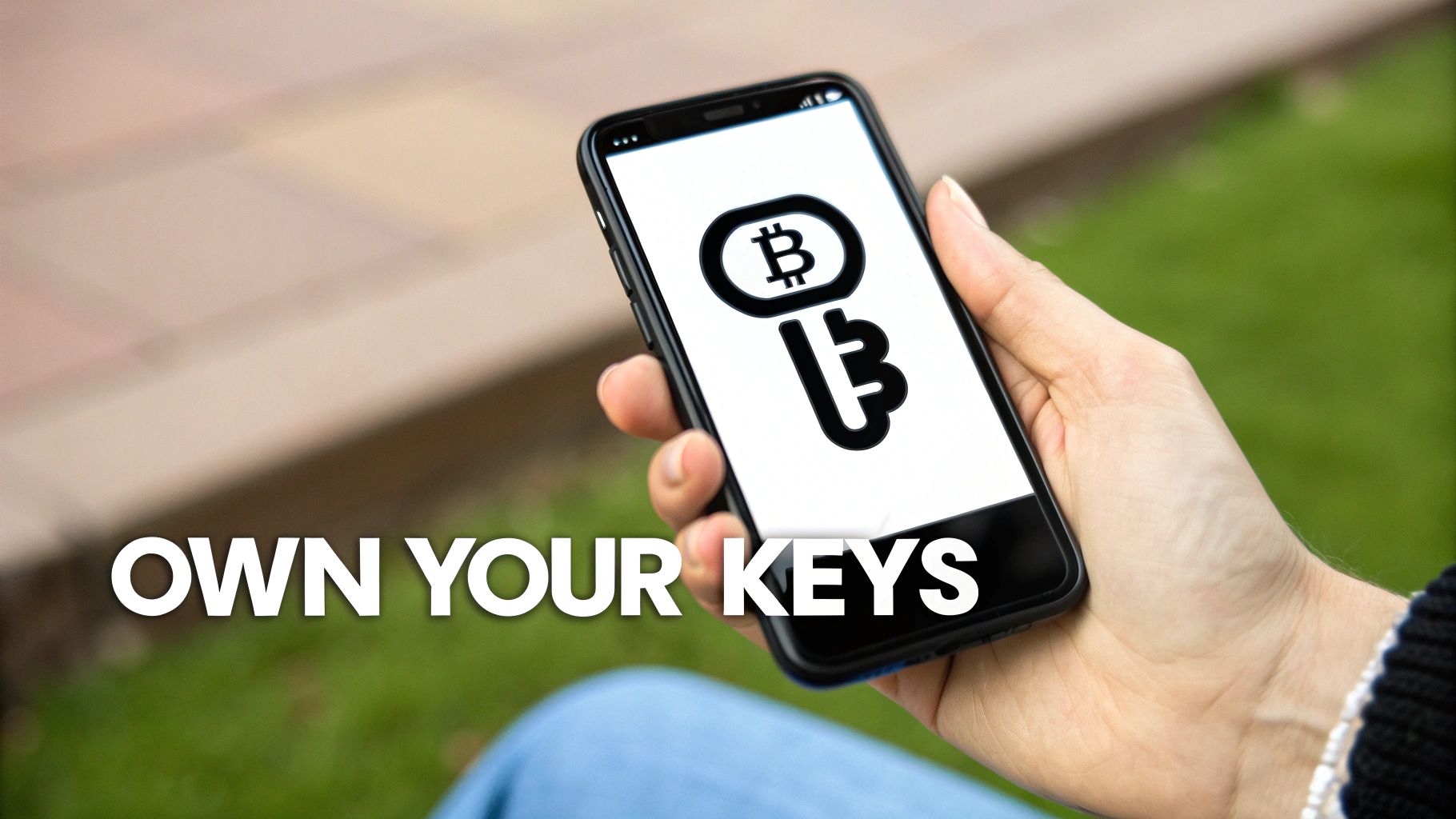 A hand holds a smartphone displaying a Bitcoin key icon with 'OWN YOUR KEYS' text, symbolizing crypto self-custody.