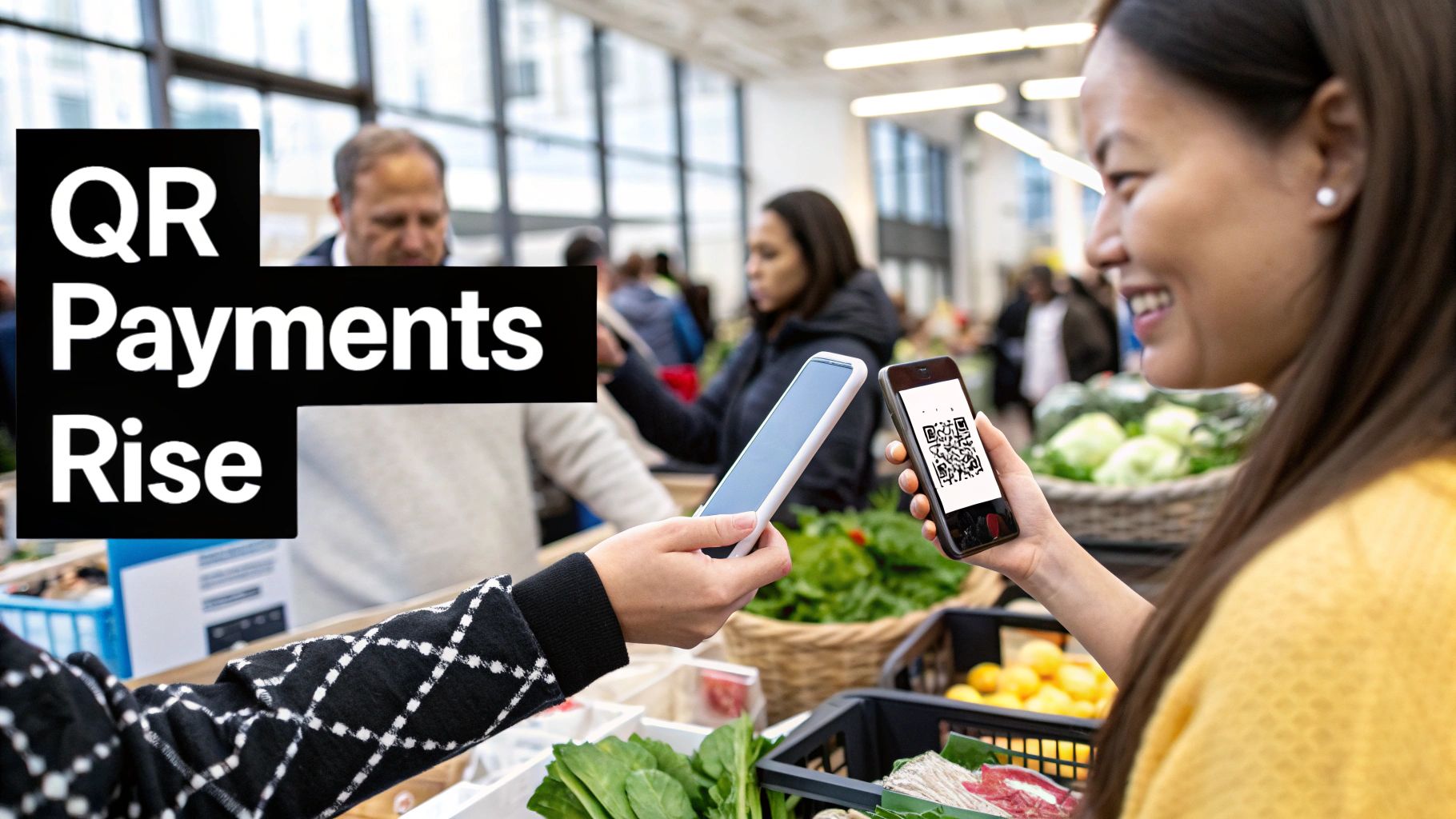 Smiling woman pays with a QR code on her phone at a market, indicating rising QR payments.