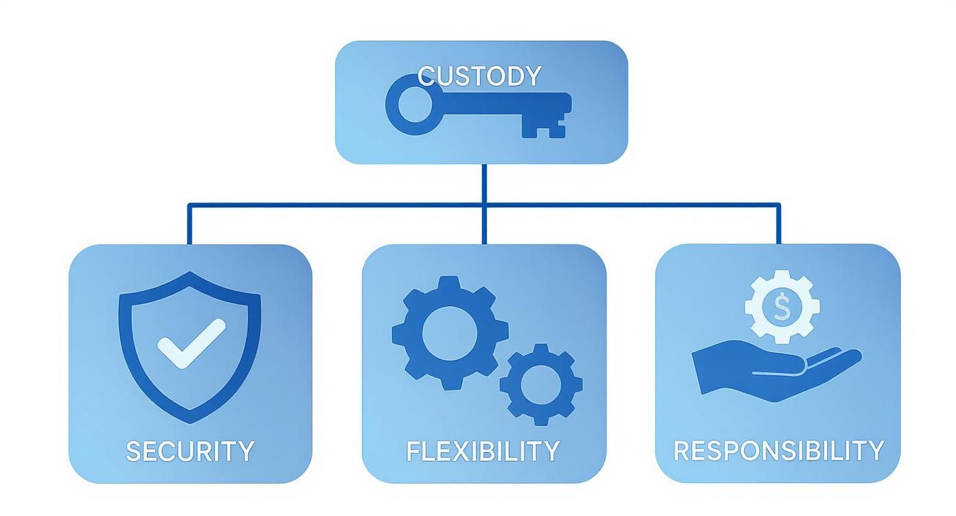 Diagram showing custody represented by a key, branching to security, flexibility, and responsibility concepts.