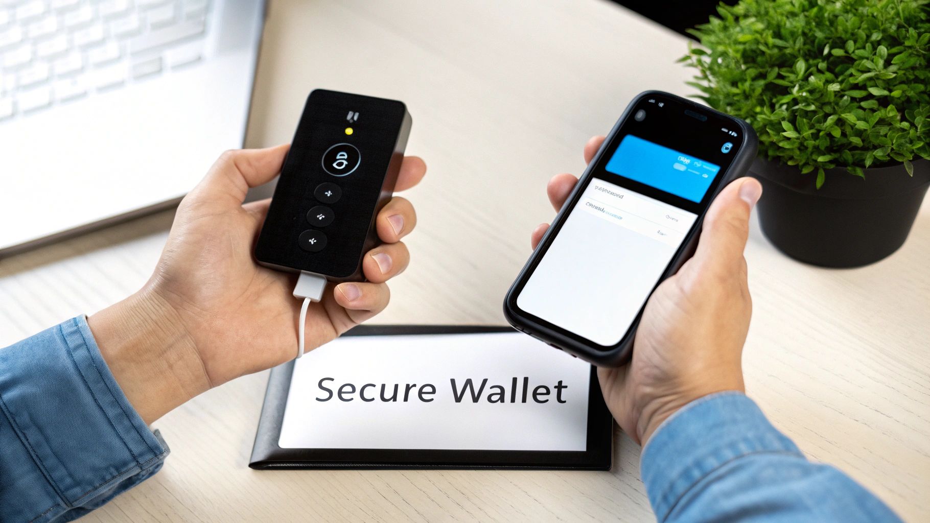 A person's hands holding a smartphone displaying a secure digital wallet interface.