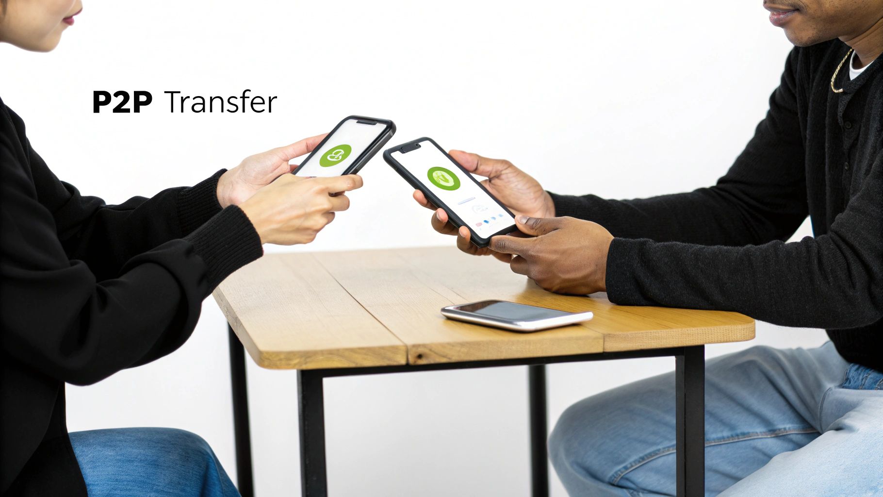 Two individuals conducting a peer-to-peer mobile transfer using smartphones across a table.