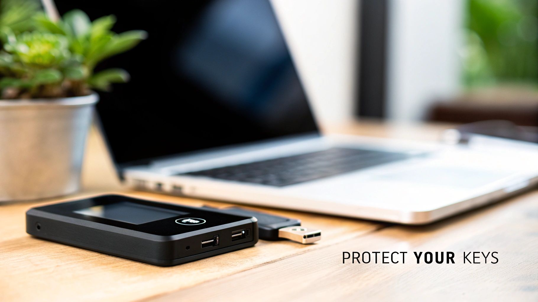 A black hardware wallet and a USB drive on a wooden desk, with a laptop and plant.