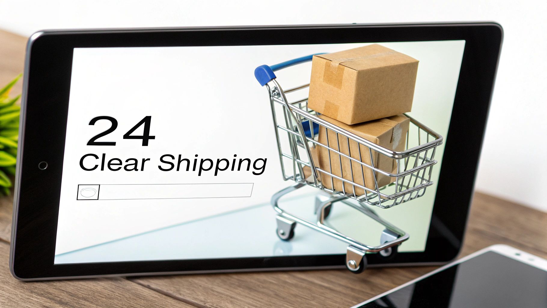 Tablet displaying 24 hour clear shipping text with miniature shopping cart containing cardboard boxes