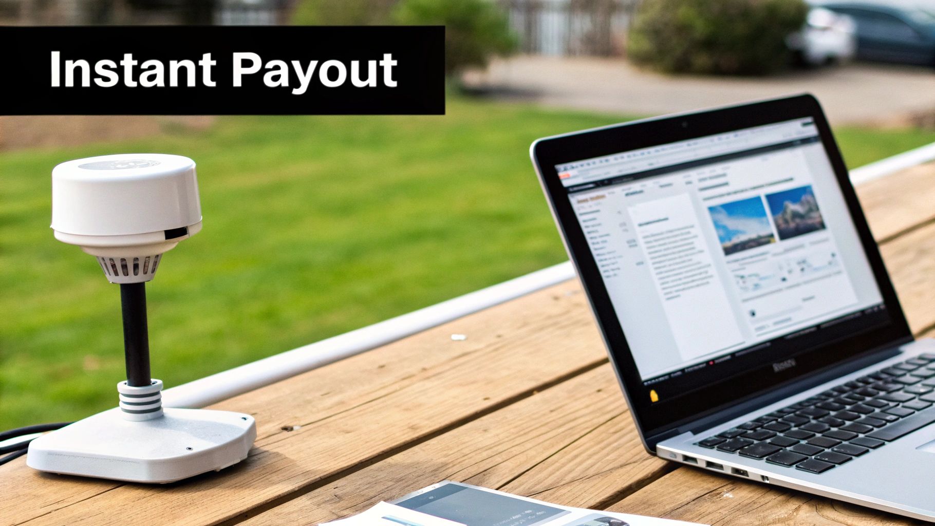 A laptop, a white smart device, and a phone on an outdoor wooden table with 'Instant Payout'.