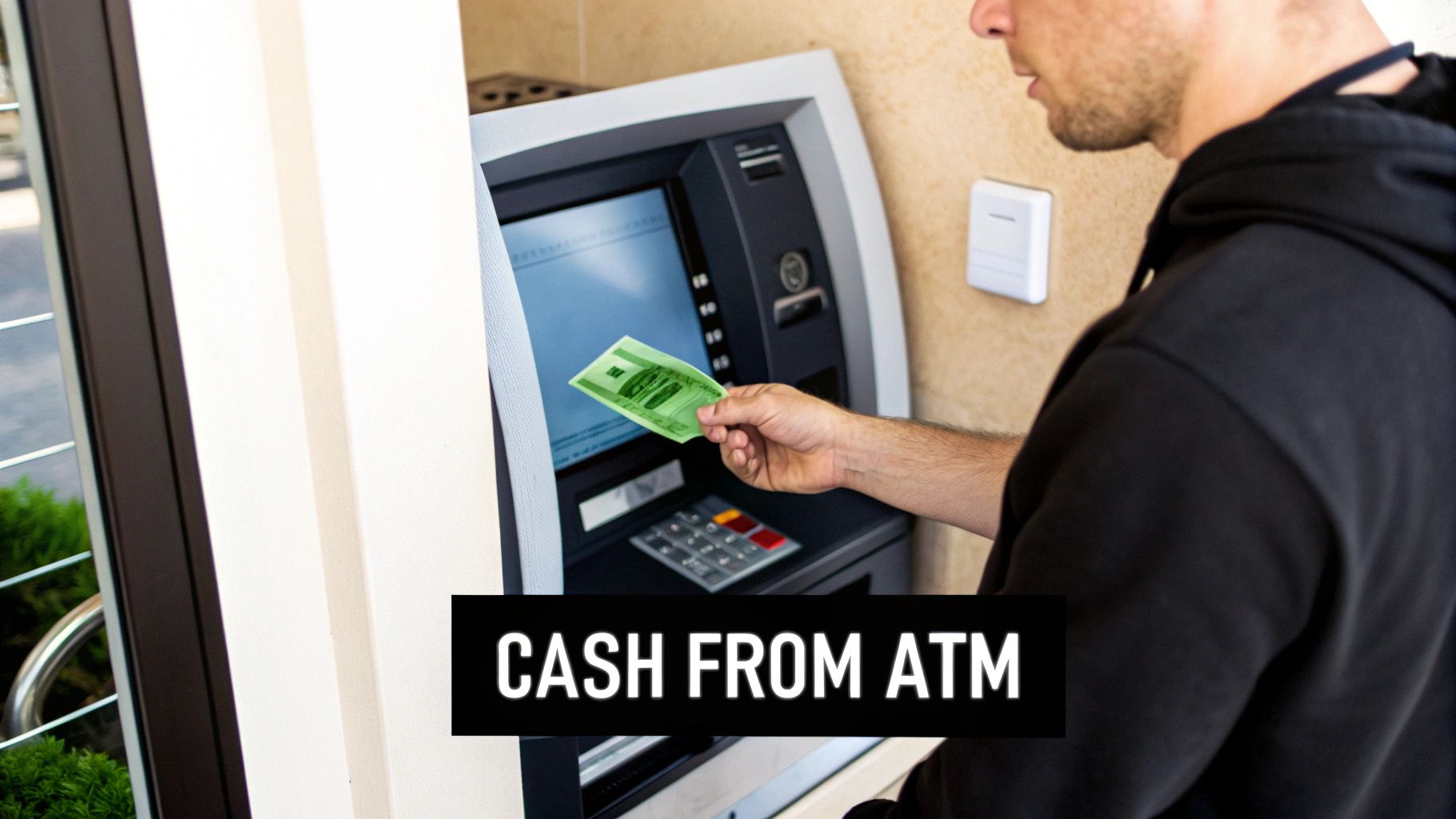 A person holding a crypto debit card near a payment terminal