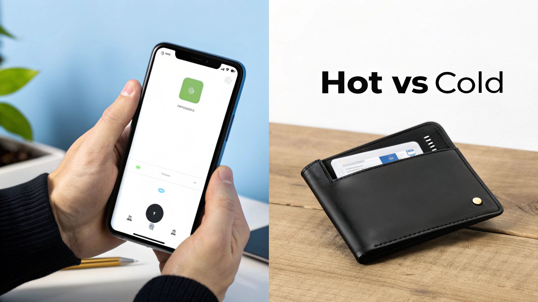 Hands holding a smartphone displaying a crypto app, next to a black hardware wallet with 'Hot vs Cold' text.