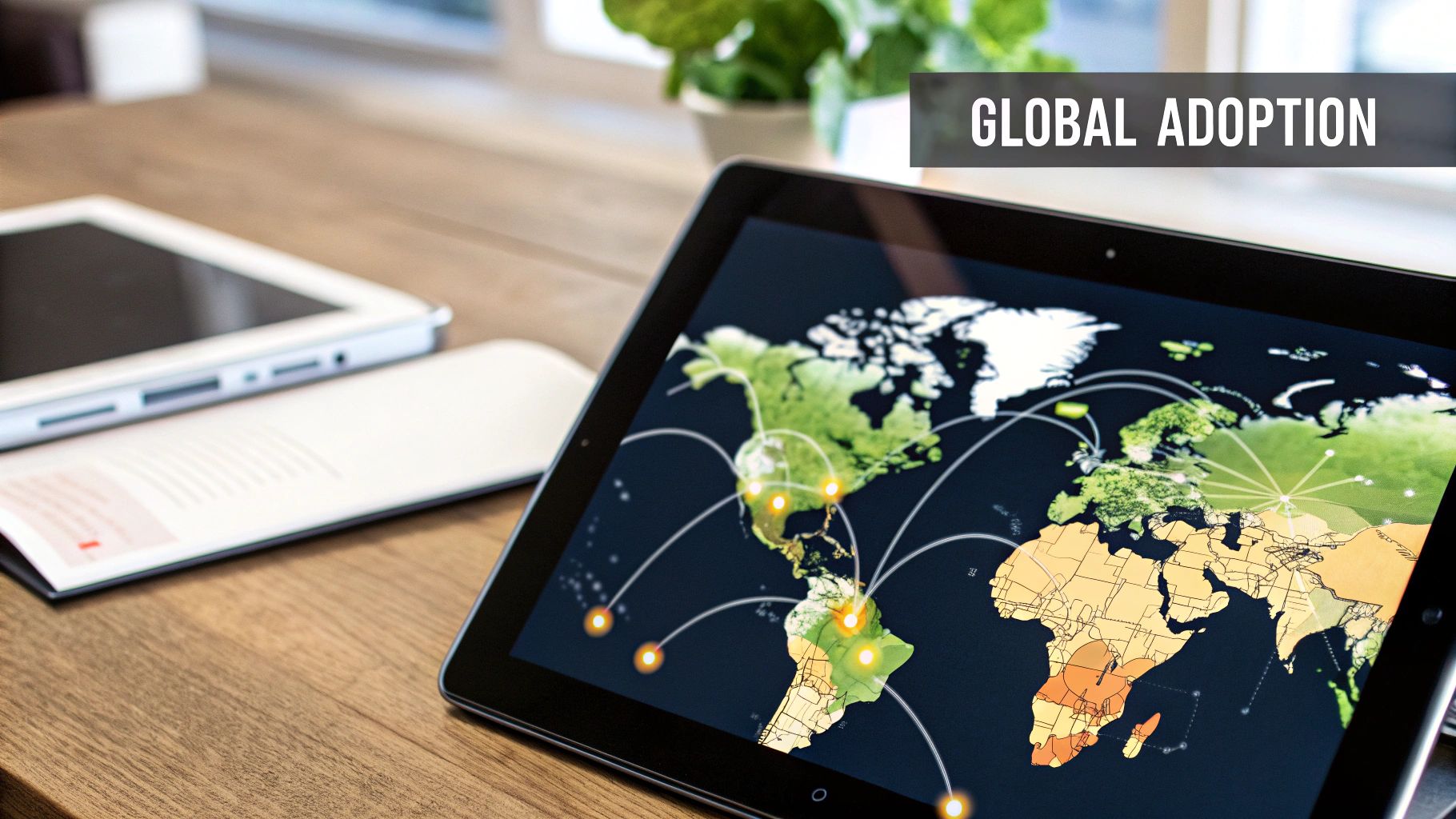 A world map showing interconnected nodes of financial activity, blending traditional and digital currencies.