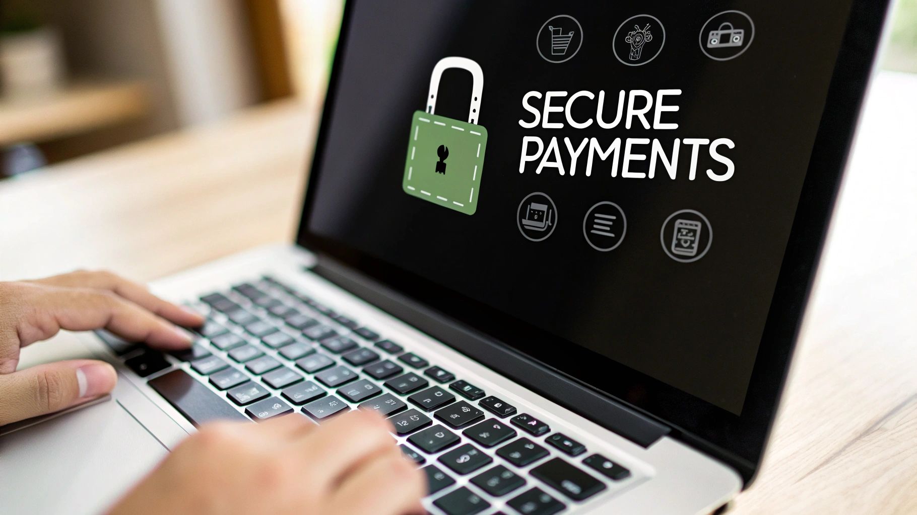 A person types on a laptop displaying a 'SECURE PAYMENTS' message and a green padlock icon.