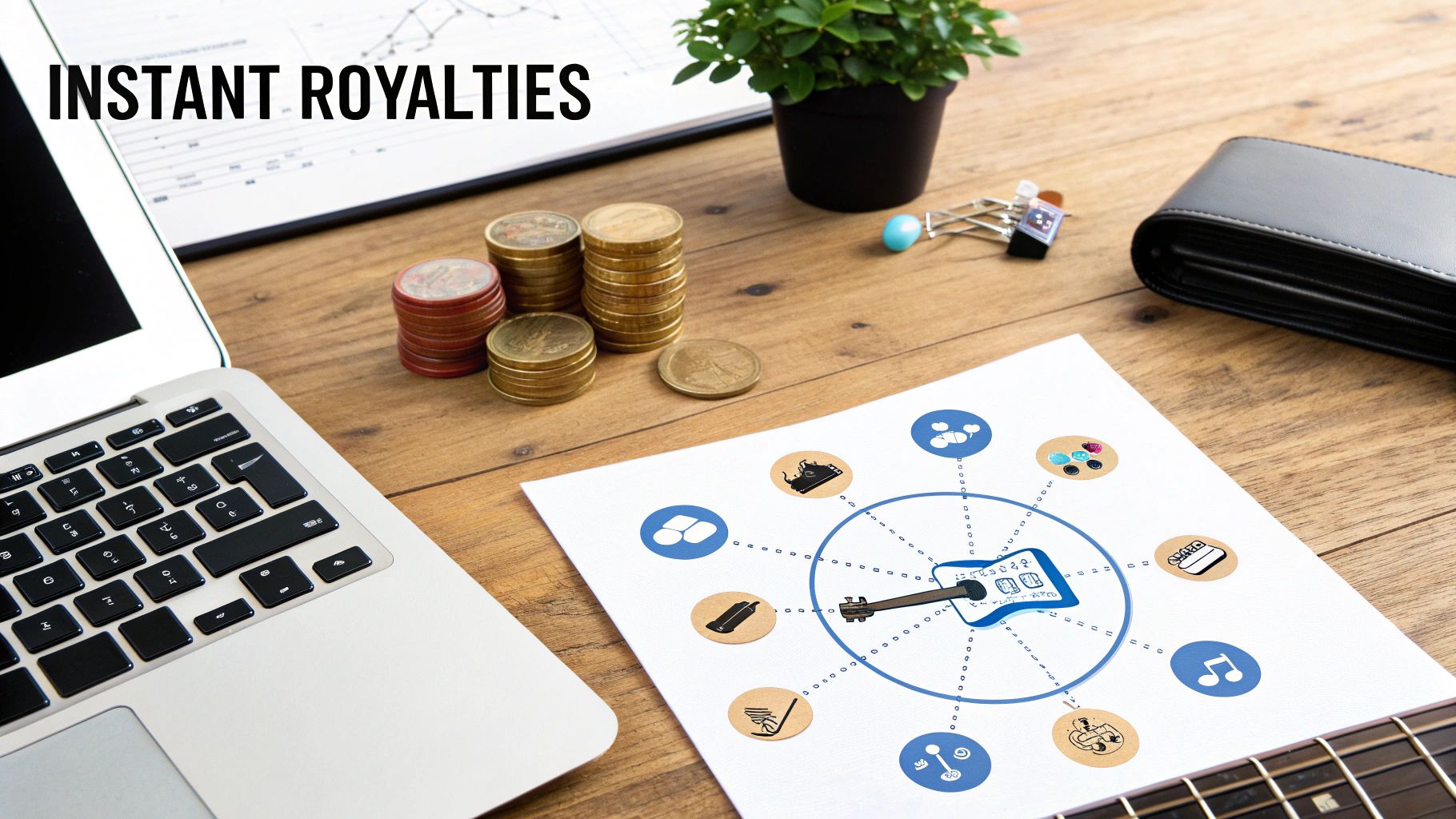 A desk flat lay with a laptop, stacks of coins, and a document displaying "INSTANT ROYALTIES" and a royalty diagram.