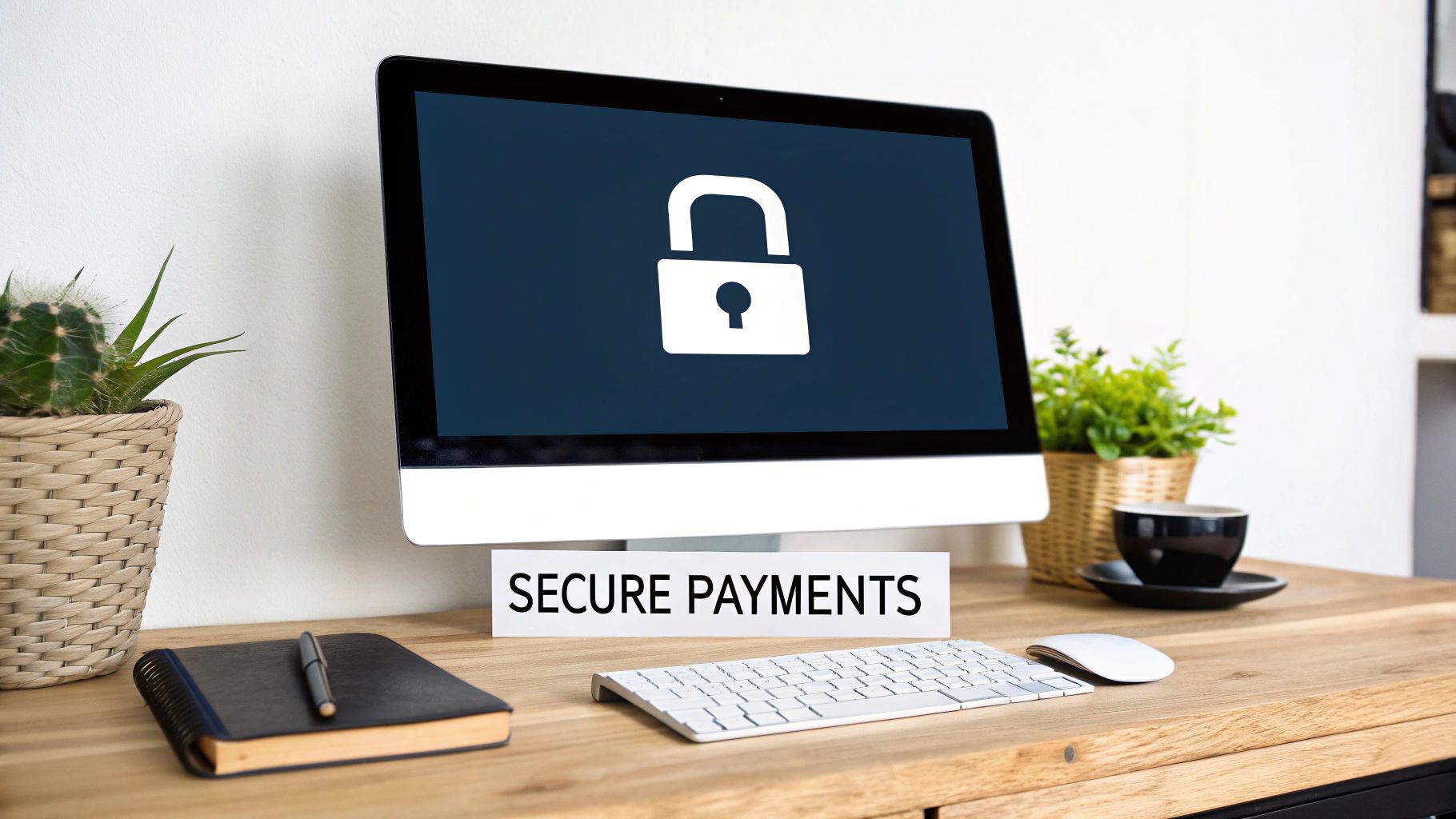 A computer screen showing a white padlock icon, with a 'SECURE PAYMENTS' sign on a wooden desk.