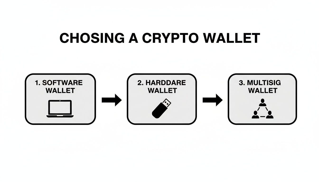 A flowchart demonstrating the three types of crypto wallets: software, hardware, and multisig.