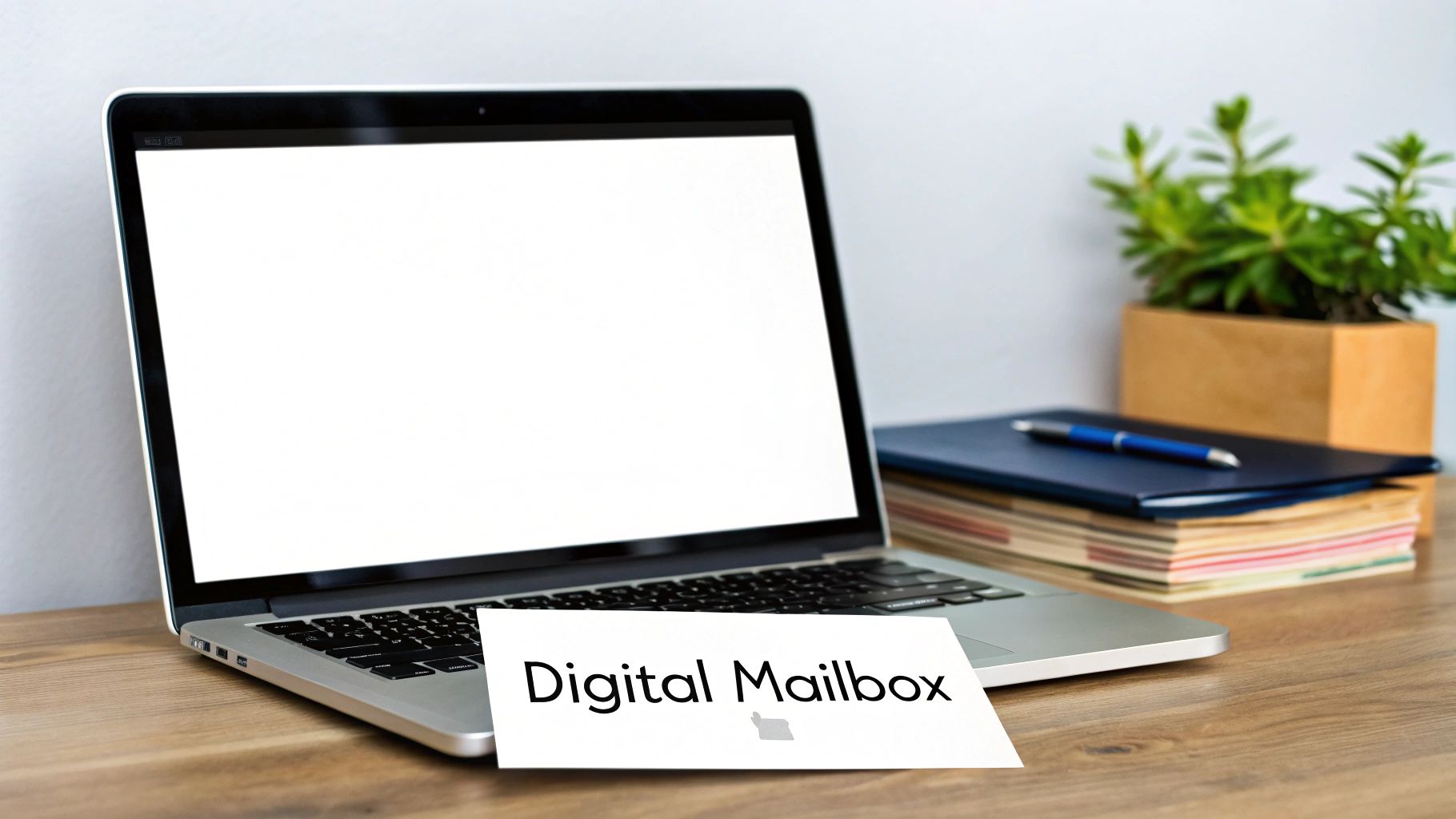 Laptop with blank screen, 'Digital Mailbox' card, notebooks, and plant on a wooden desk.