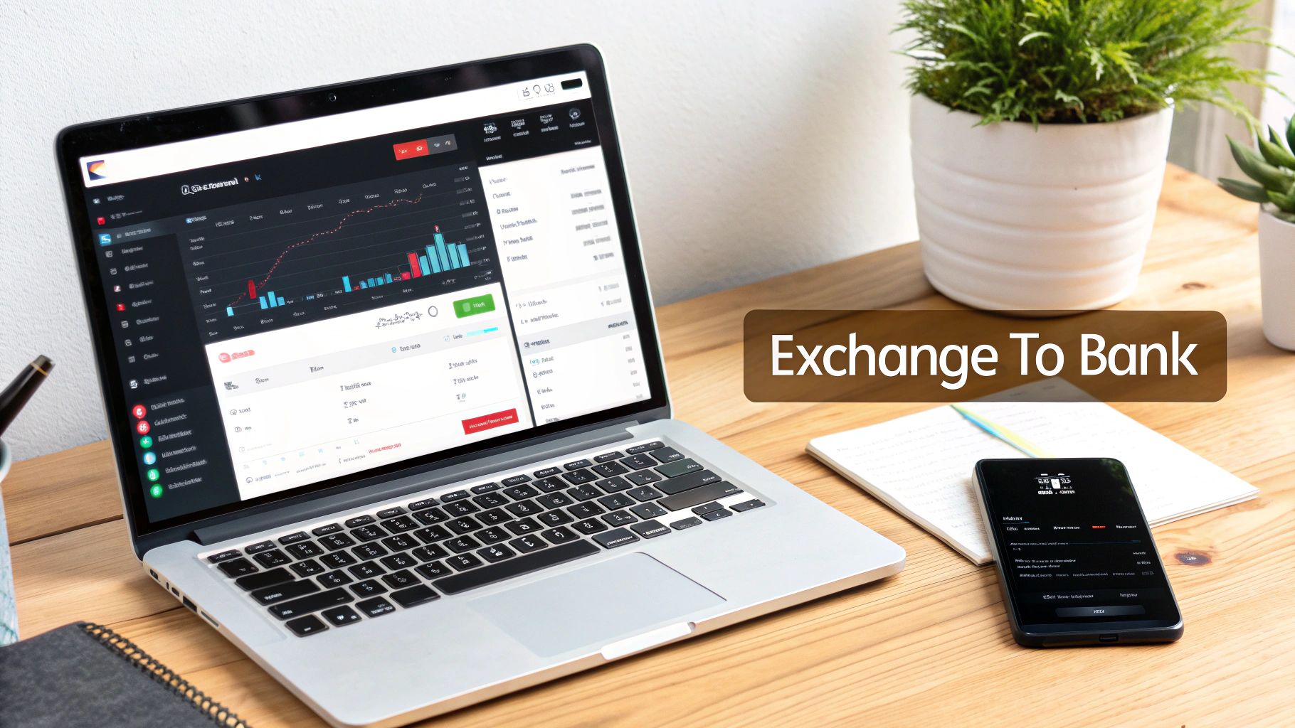 A laptop and smartphone display cryptocurrency exchange platforms, with a text overlay 'Exchange To Bank'.