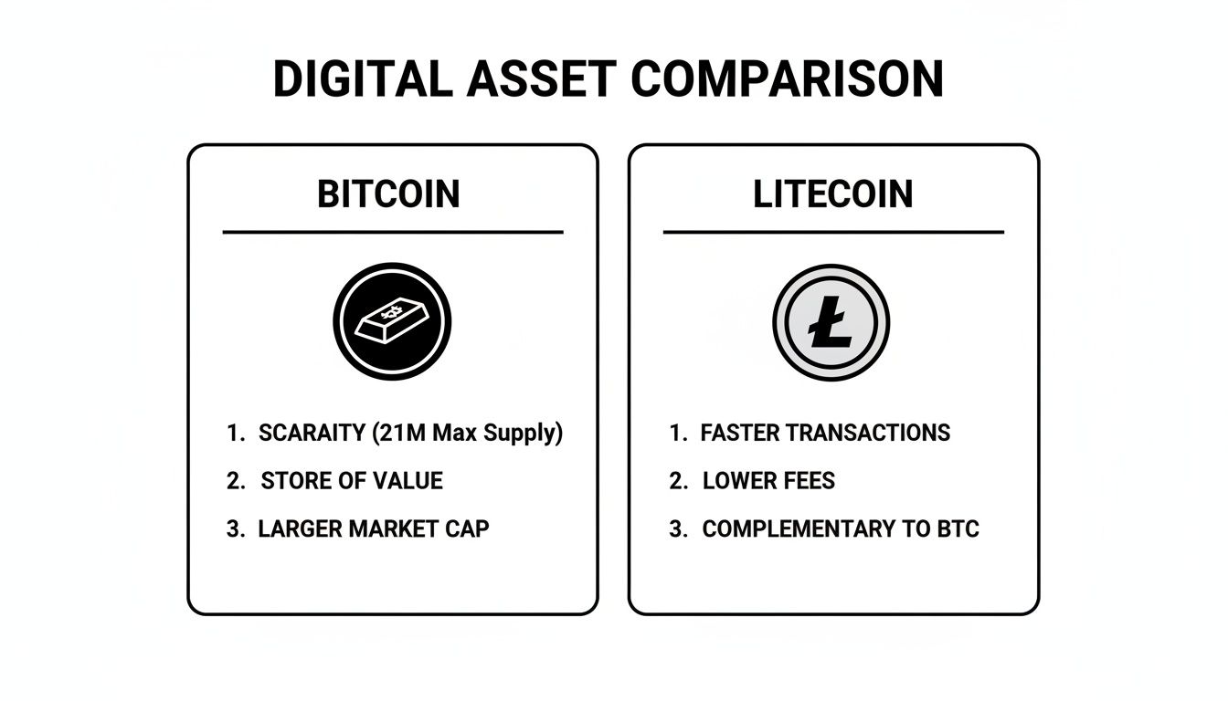 A digital asset comparison chart showing Bitcoin's scarcity, store of value, and market cap versus Litecoin's faster transactions, lower fees, and complementary role to BTC.