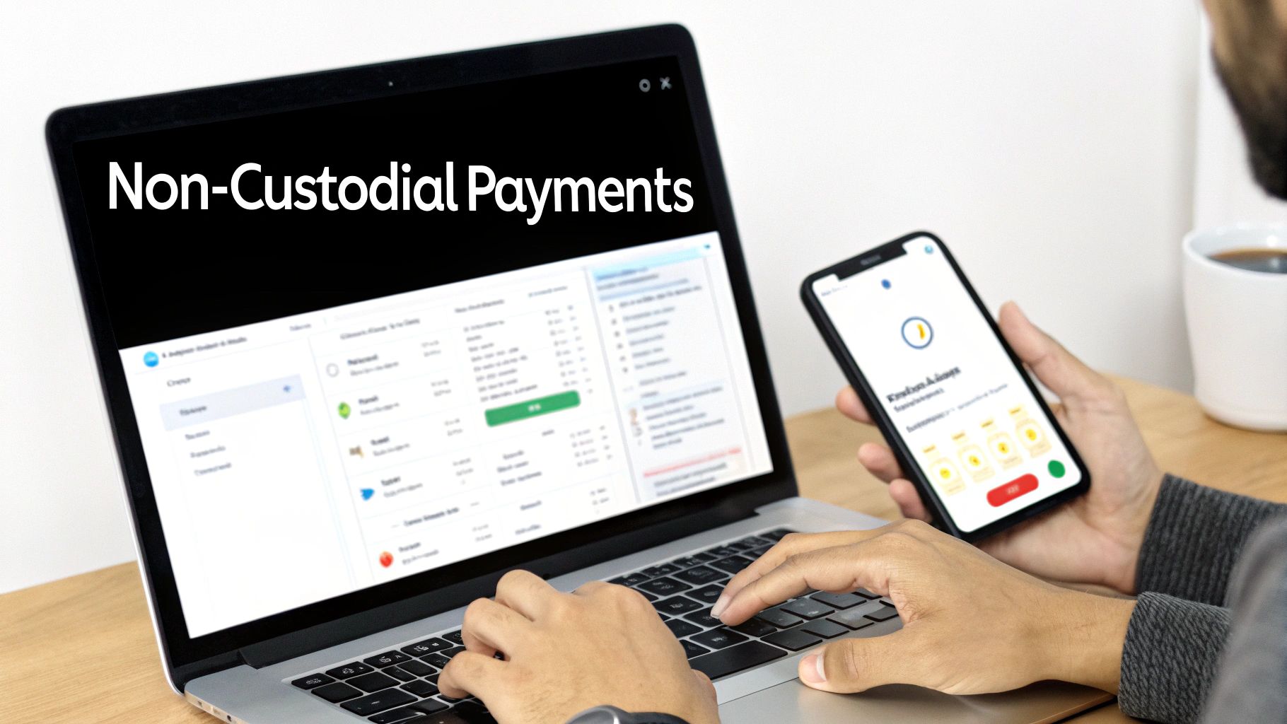 A user interacts with a laptop showing 'Non-Custodial Payments' and a mobile crypto wallet.
