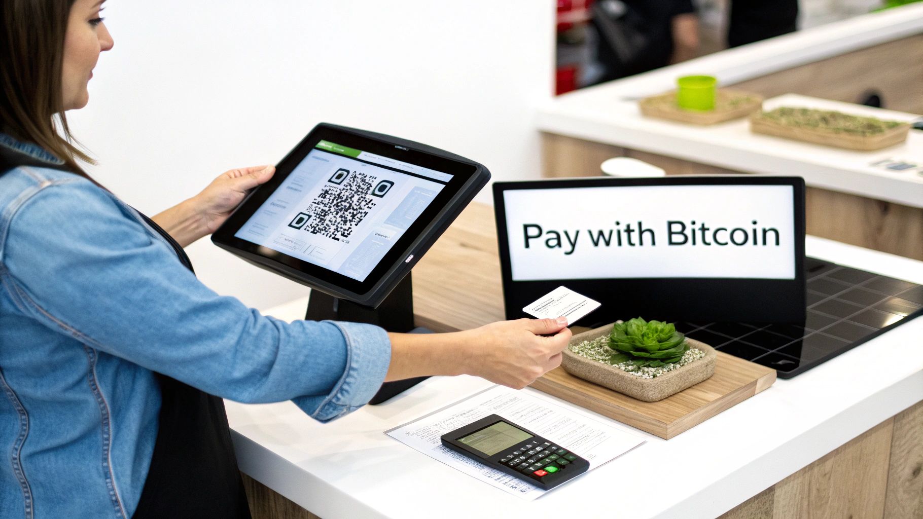 A person interacts with a digital payment system for Bitcoin transactions at a retail counter.