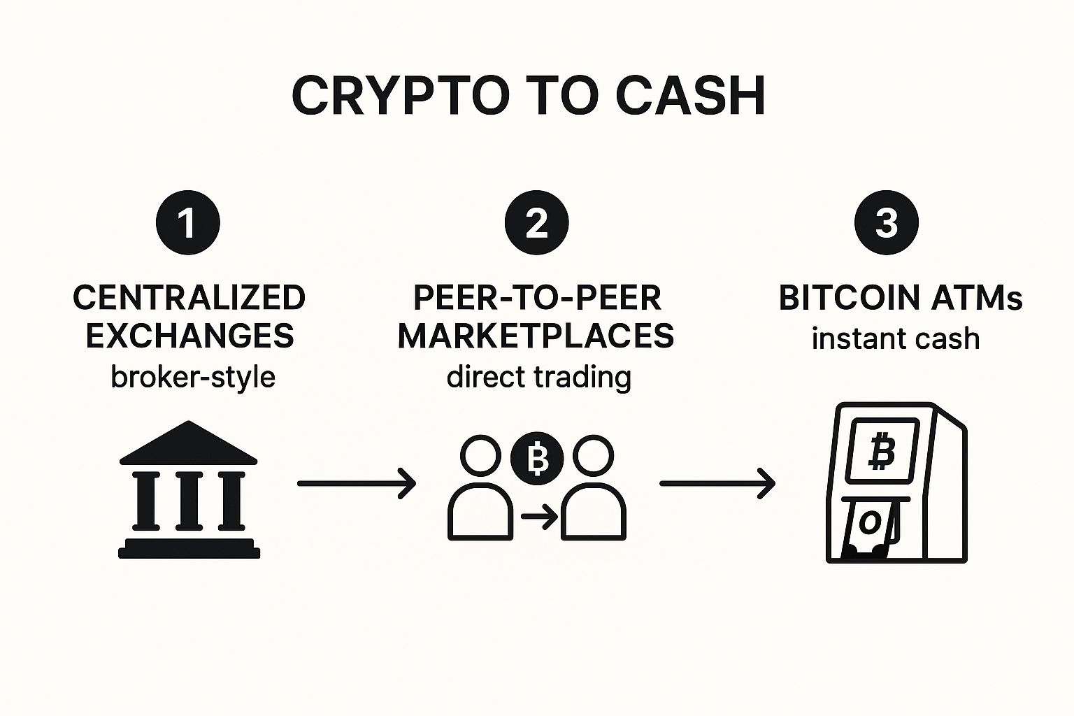 Infographic showing the process flow for converting crypto to cash via Centralized Exchanges, Peer-to-Peer Marketplaces, and Bitcoin ATMs.