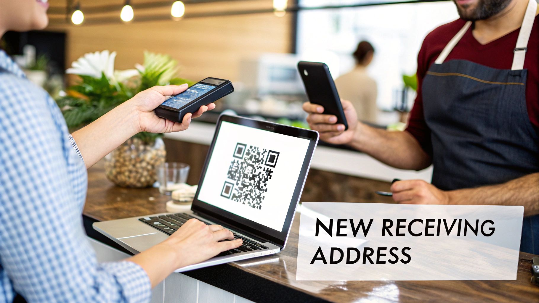 A customer and barista conducting a digital payment transaction with QR code and mobile devices.