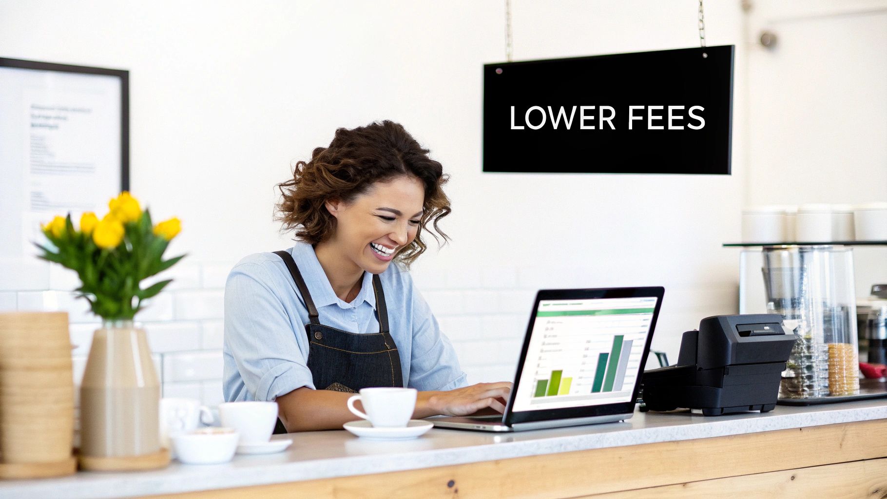 Smiling woman managing her coffee shop on a laptop, with a 'LOWER FEES' sign in the background.