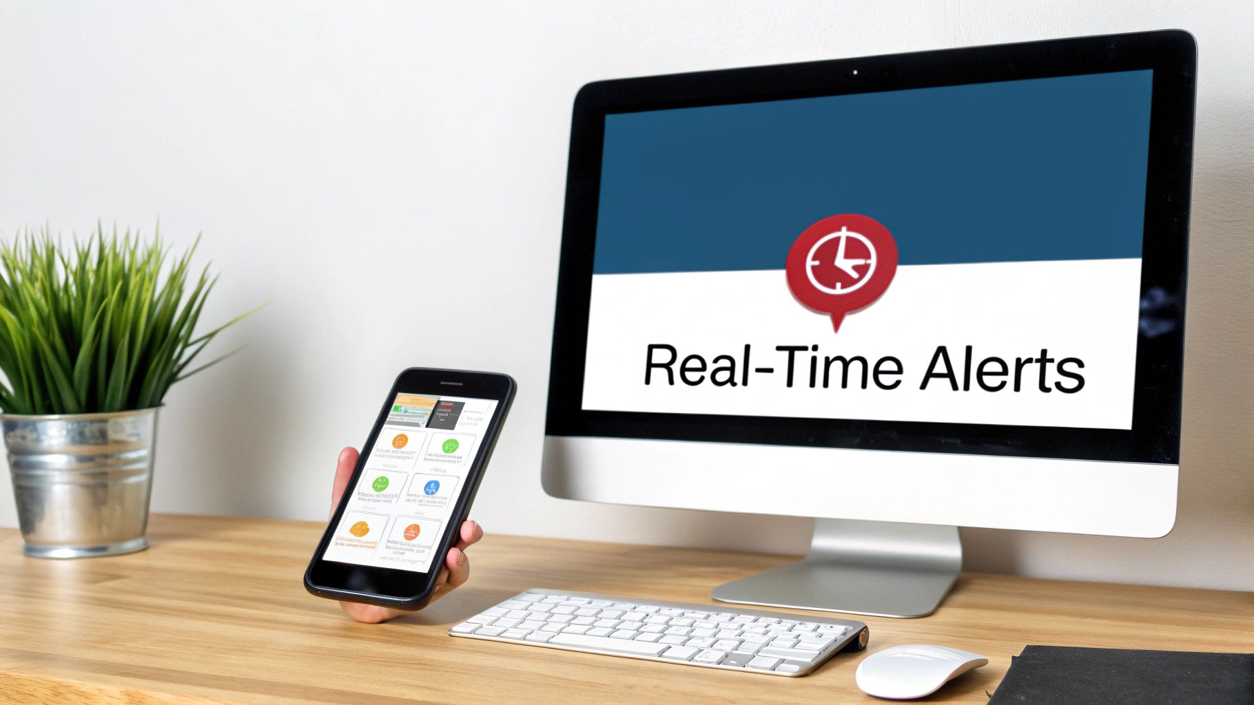 A computer monitor displaying 'Real-Time Alerts' with a clock icon, next to a smartphone showing an alert dashboard.