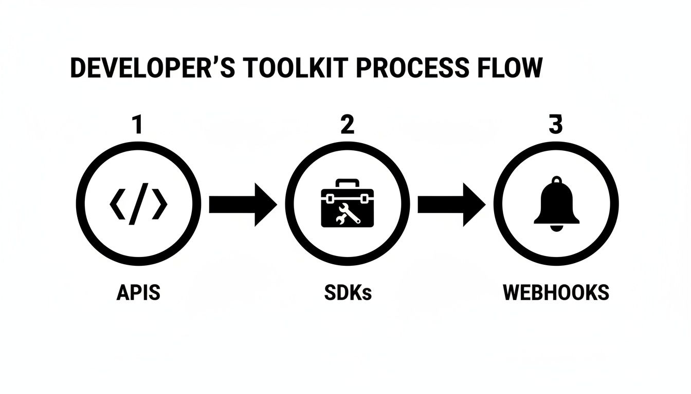 Developer's toolkit process flow illustrating APIs, SDKs, and Webhooks in a sequential diagram.