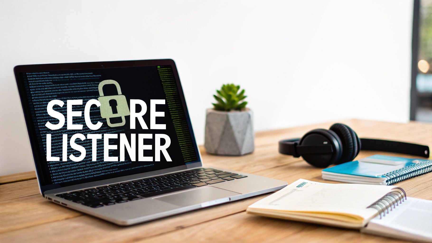 Laptop displaying code with secure listener text and padlock icon on wooden desk workspace