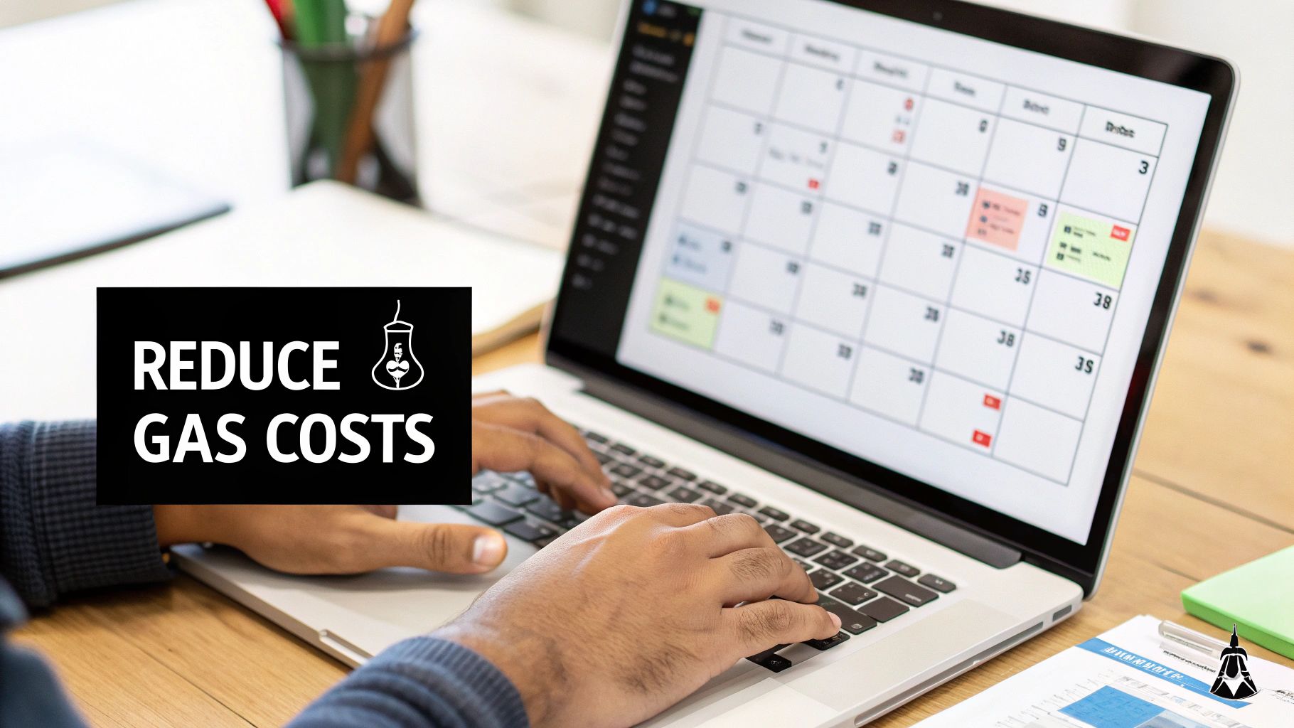 Person typing on a laptop showing a calendar app with an overlay reading 'Reduce Gas Costs'.