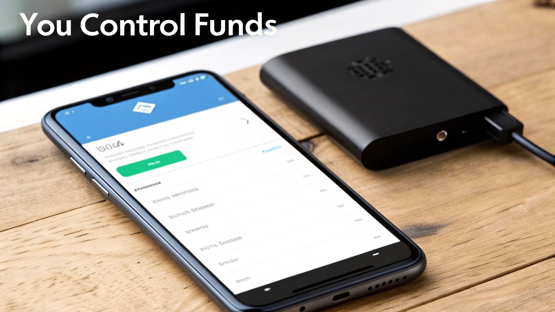 Smartphone displaying payment app interface next to black hardware wallet on wooden desk