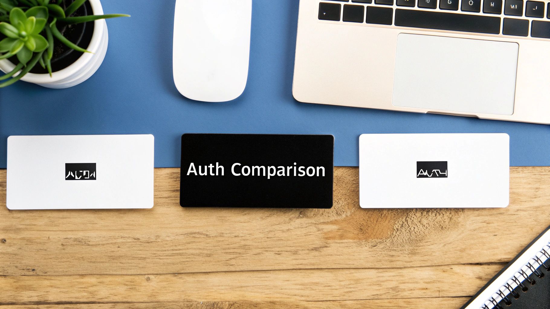 Flat lay of a desk workspace with a laptop, mouse, plant, and three cards comparing authentication methods.