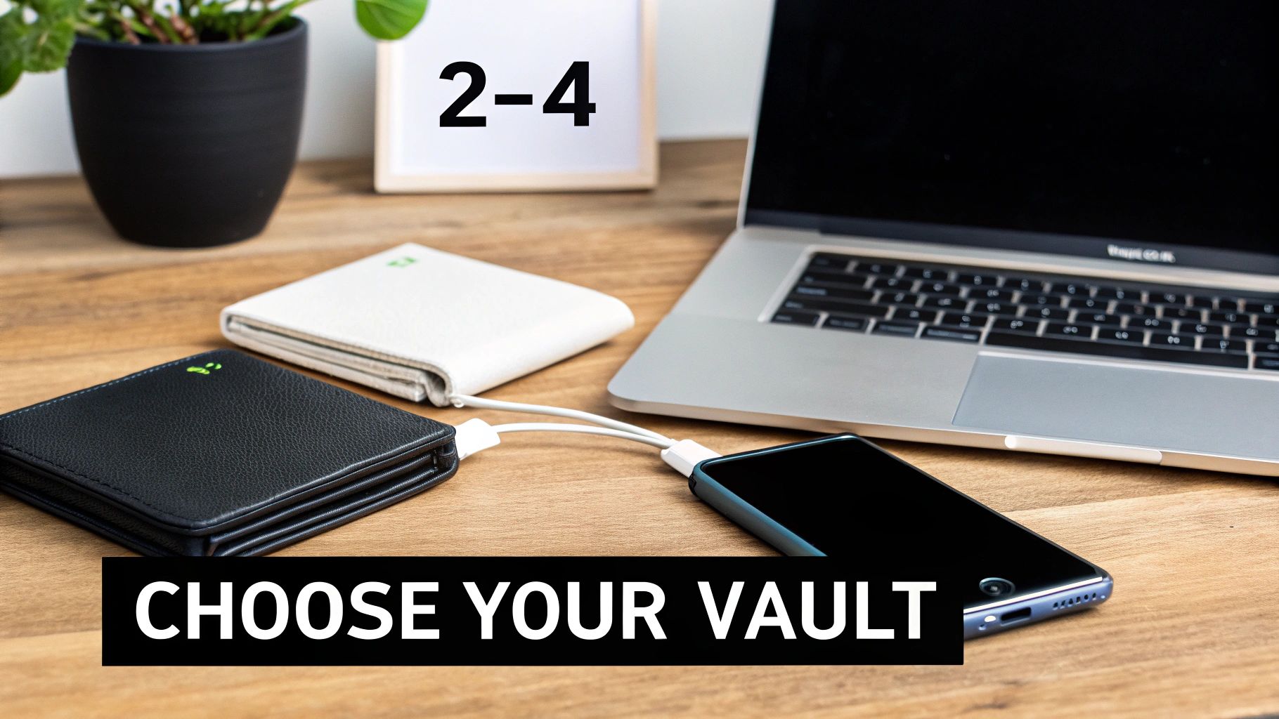 Two cold storage wallets, black and white, connected to a smartphone on a wooden desk with a laptop, promoting secure choice.