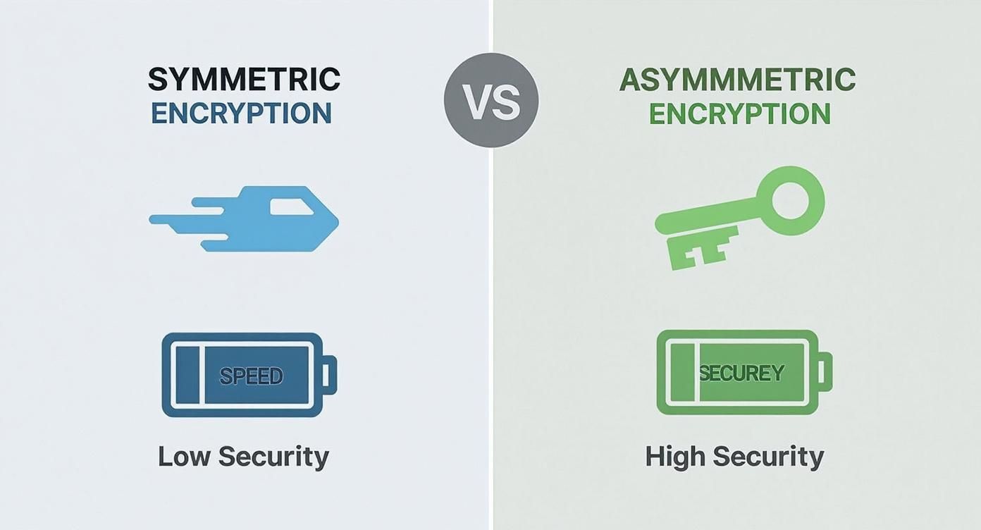 Infographic comparing symmetric vs asymmetric encryption, highlighting speed, security levels, and key types.