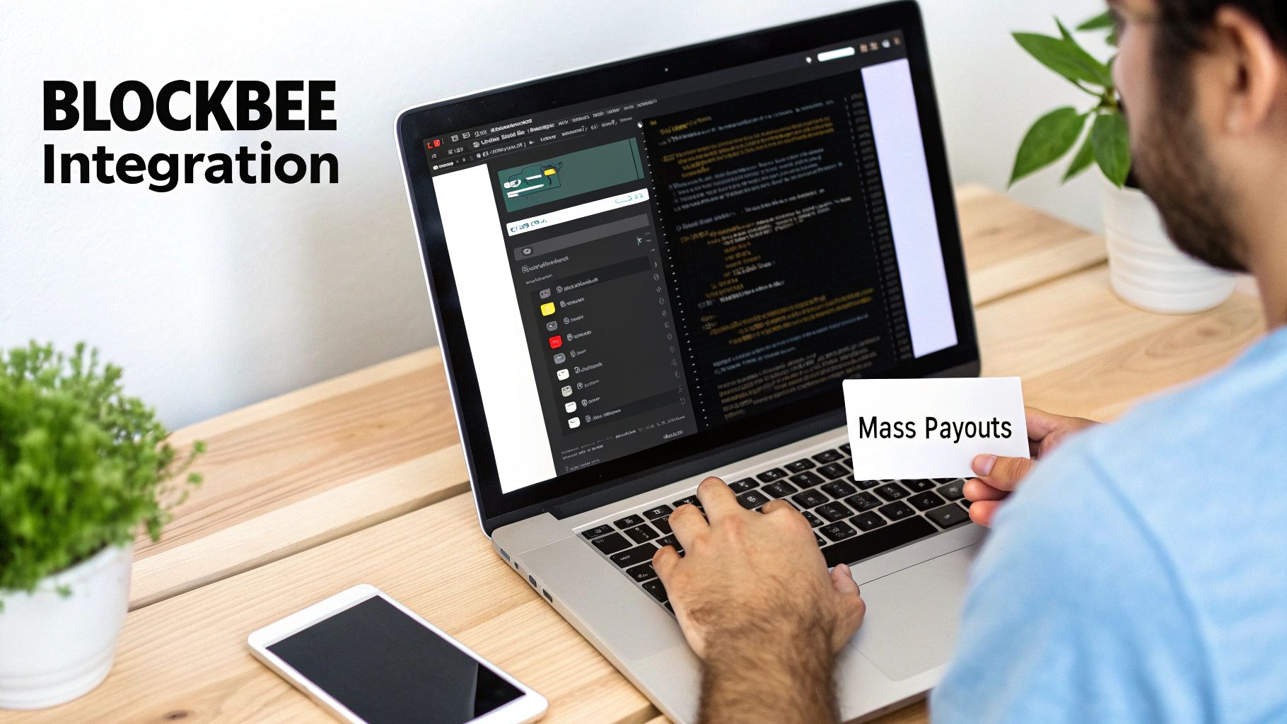 A developer working on a laptop displaying 'BLOCKBEE Integration' code, holding a card with 'Mass Payouts'.