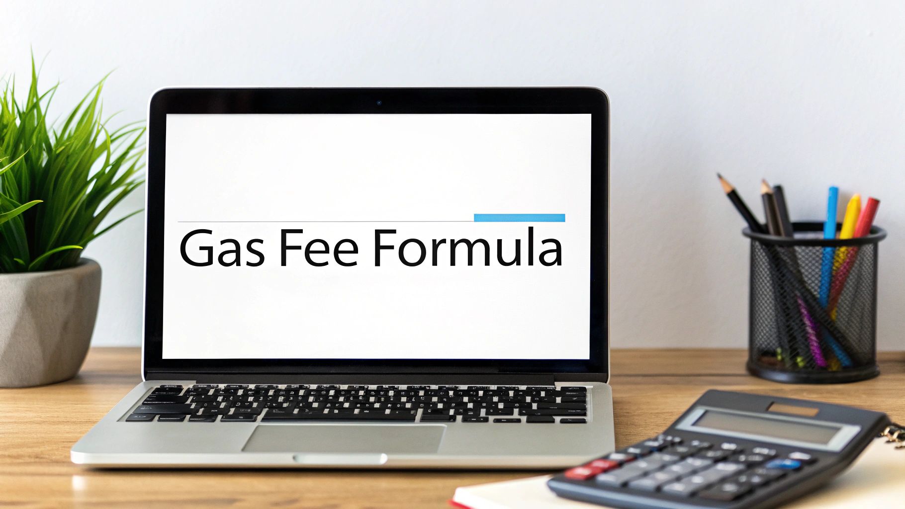 A laptop on a wooden desk displays 'Gas Fee Formula', surrounded by a plant, pencils, and a calculator.