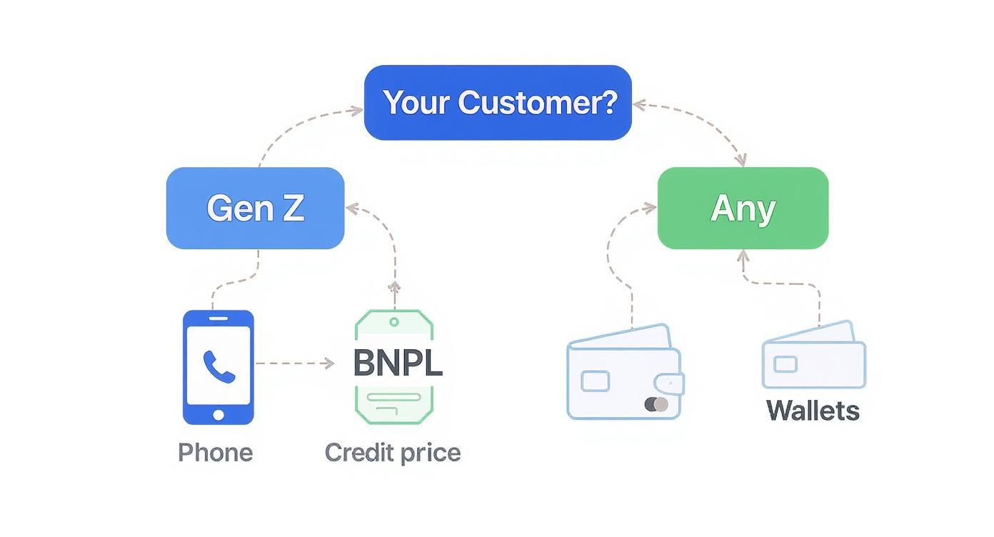 Diagram showing customer payment preferences: Gen Z uses phone for BNPL, while any customer uses wallets.
