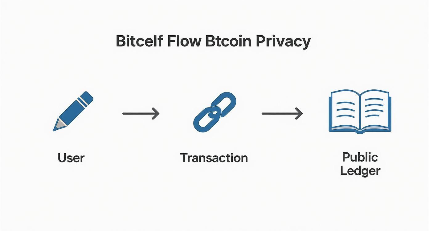 Infographic showing the flow from a pseudonymous user to a transaction on the public ledger