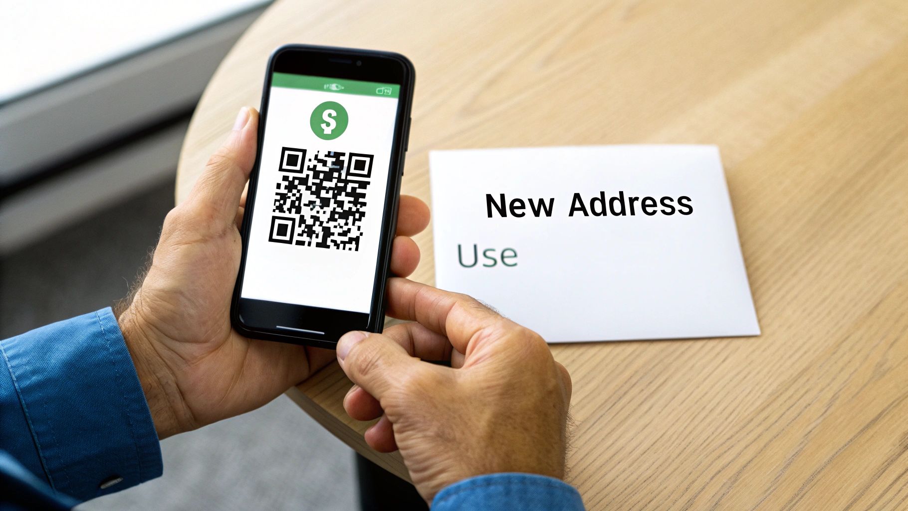 Hands holding a smartphone displaying a QR code with a dollar sign, next to a paper with 'New Address'.