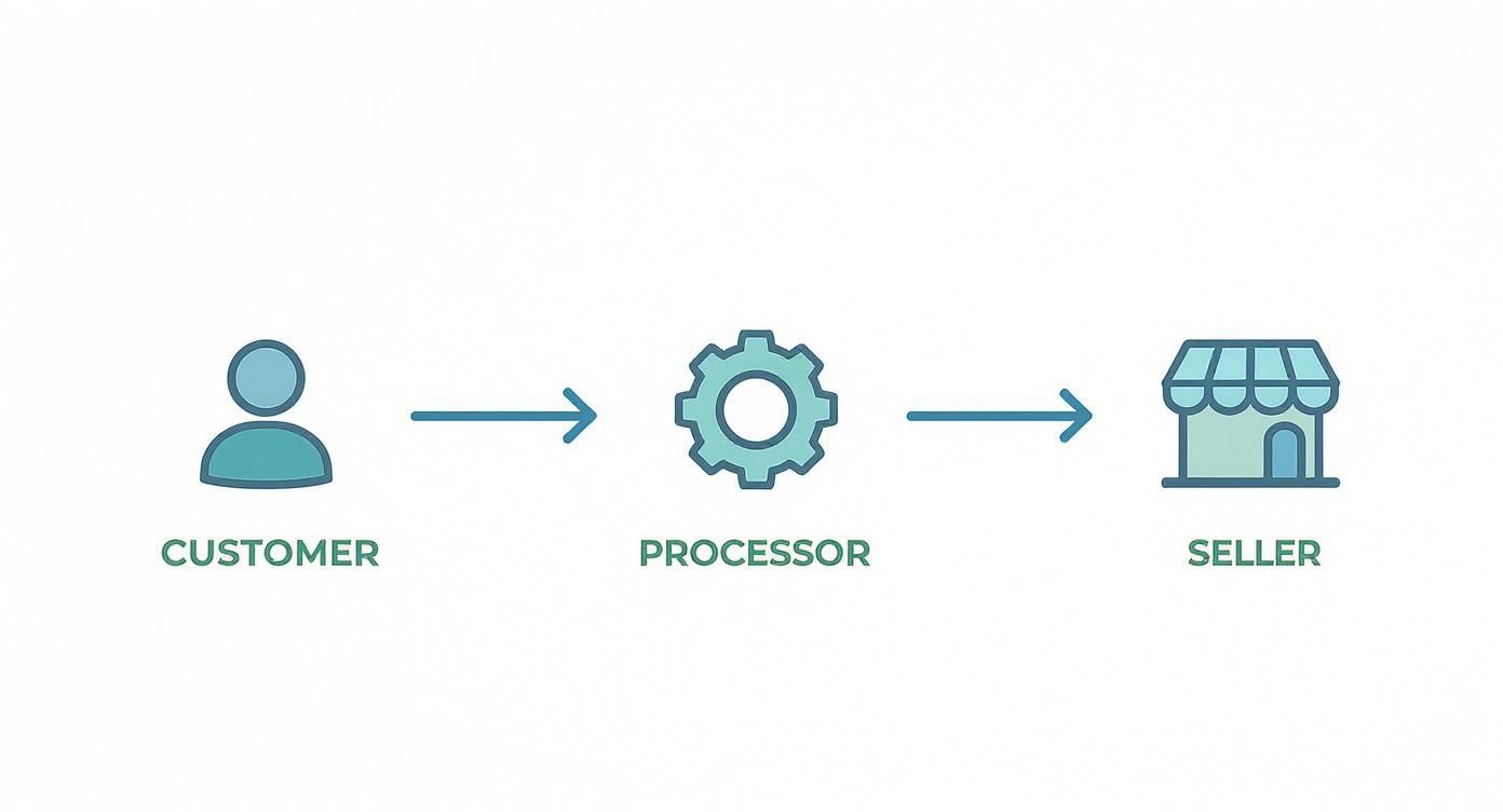 Flow diagram showing customer to processor to seller transaction pathway with icons and arrows