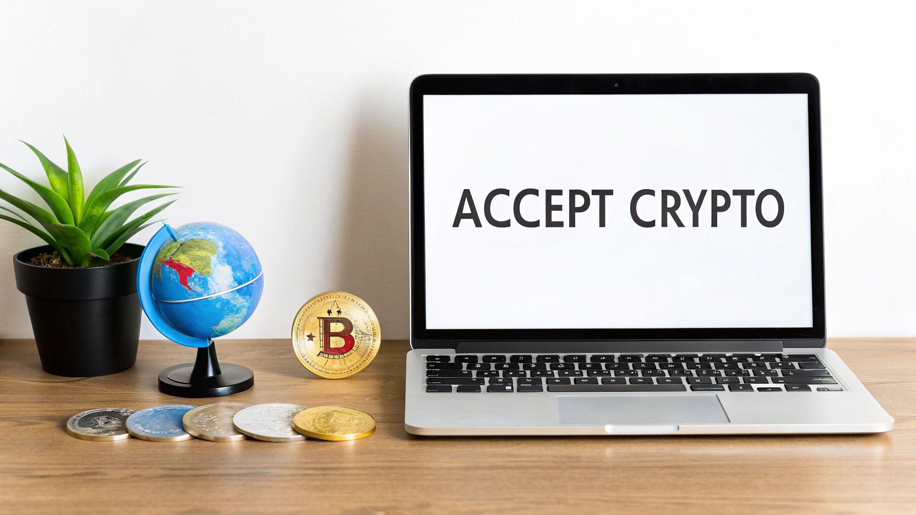 A laptop displaying "ACCEPT CRYPTO" with a globe, plant, and cryptocurrency coins on a desk.