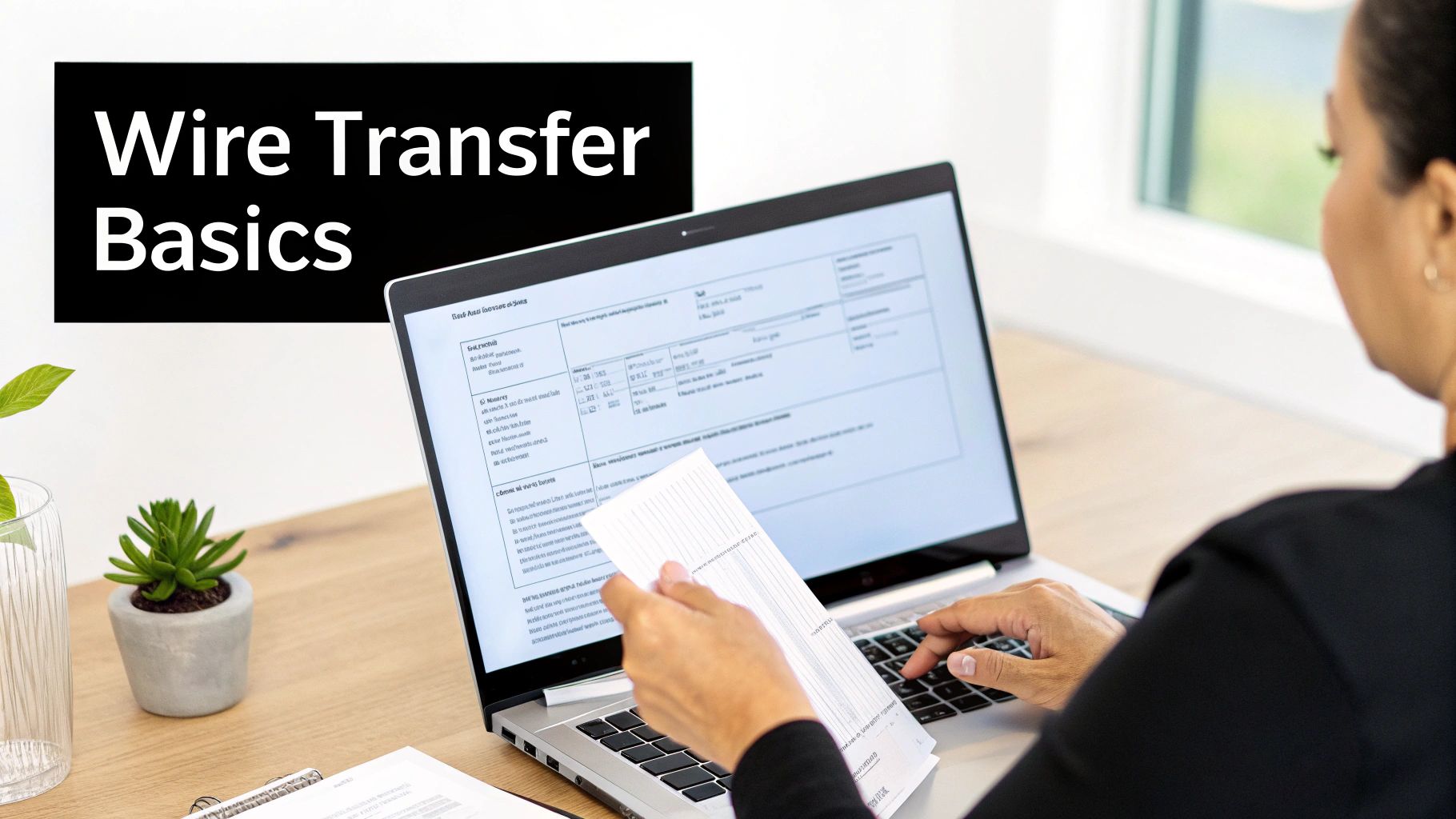A person works on a laptop with a document in hand, featuring 'Wire Transfer Basics' text overlay.