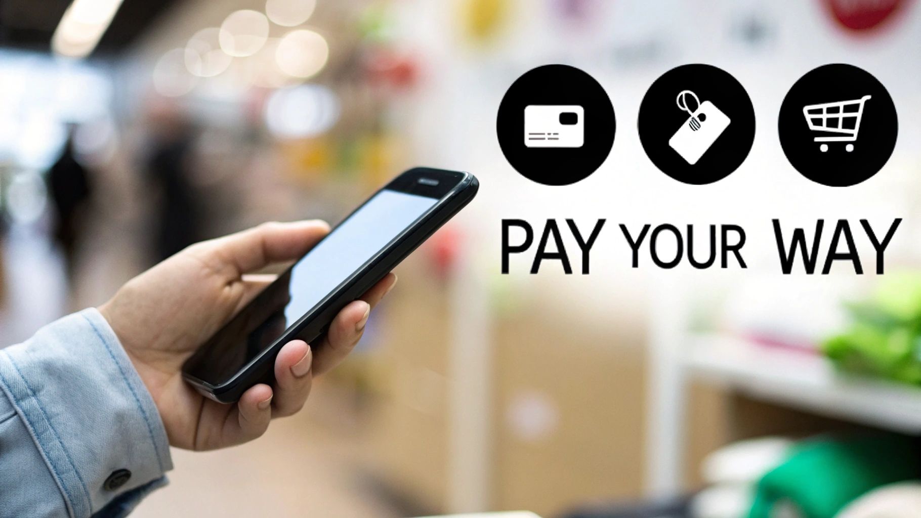 Person holding smartphone with payment options icons showing card, tag, and shopping cart in retail store