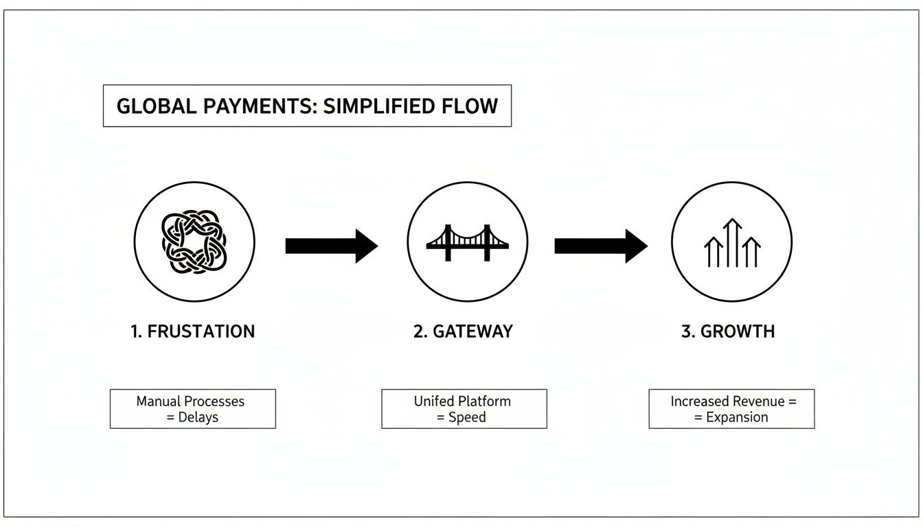 A diagram illustrating the simplified flow of global payments from frustration to growth via a gateway.